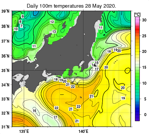 関東・東海・北陸周辺海域の深さ100mの水温分布図（5月28日）
