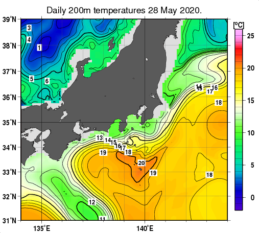 関東・東海・北陸周辺海域の深さ200mの水温分布図（5月28日）