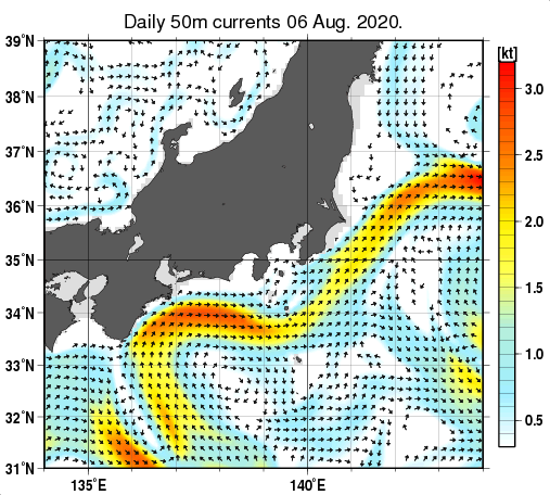 関東・東海・北陸周辺海域の深さ50mの海流分布図（8月6日）
