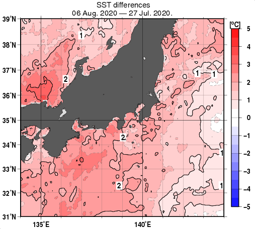 関東・東海・北陸周辺海域の10日間の海面水温変化量分布図（8月6日）