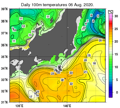関東・東海・北陸周辺海域の深さ100mの水温分布図（8月6日）