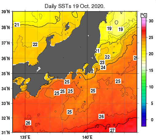 関東・東海・北陸周辺海域の海面水温分布図（10月19日）
