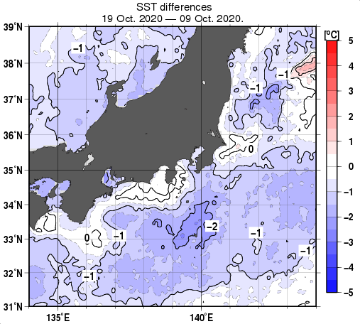 関東・東海・北陸周辺海域の10日間の海面水温変化量分布図（10月19日）