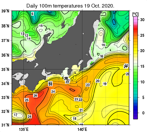 関東・東海・北陸周辺海域の深さ100mの水温分布図（10月19日）