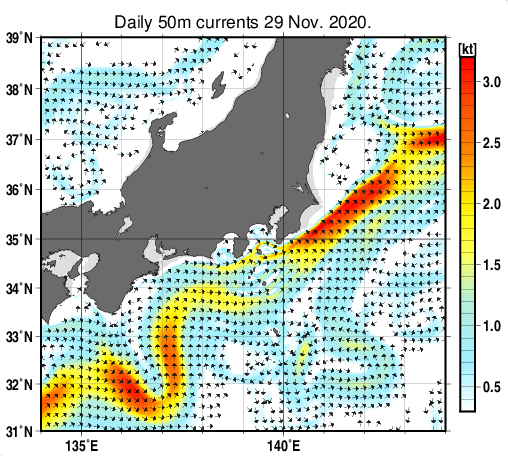関東・東海・北陸周辺海域の深さ50mの海流分布図（11月29日）