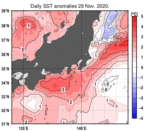 関東・東海・北陸周辺海域の海面水温平年差分布図（11月29日）