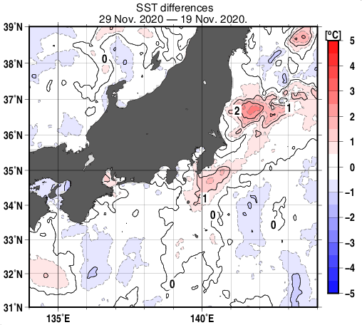 関東・東海・北陸周辺海域の10日間の海面水温変化量分布図（11月29日）