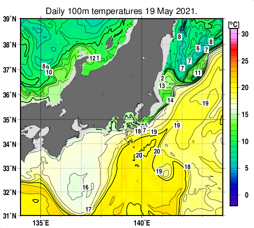 関東・東海・北陸周辺海域の深さ100mの水温分布図（5月19日）