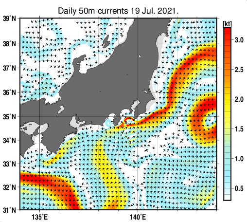 関東・東海・北陸周辺海域の深さ50mの海流分布図（7月19日）