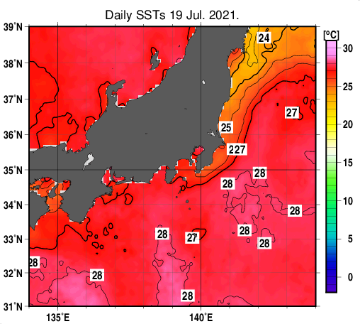 関東・東海・北陸周辺海域の海面水温分布図（7月19日）