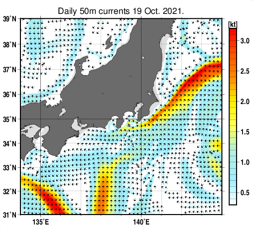関東・東海・北陸周辺海域の深さ50mの海流分布図（10月19日）