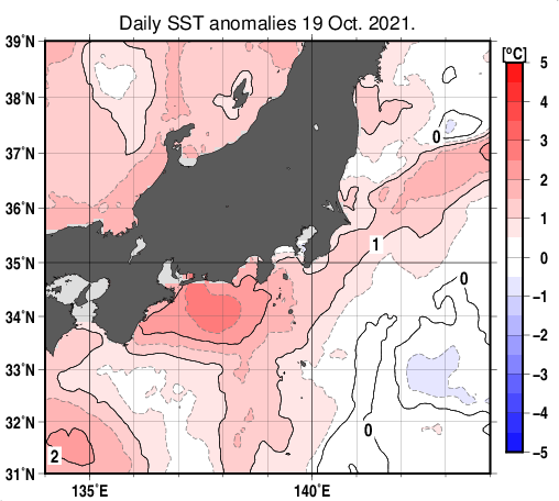 関東・東海・北陸周辺海域の海面水温平年差分布図（10月19日）