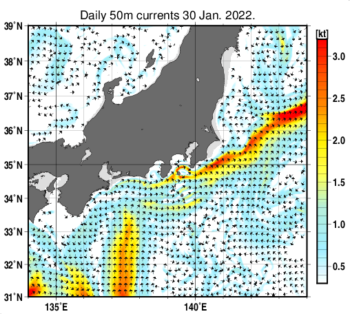 関東・東海・北陸周辺海域の深さ50mの海流分布図（1月30日）