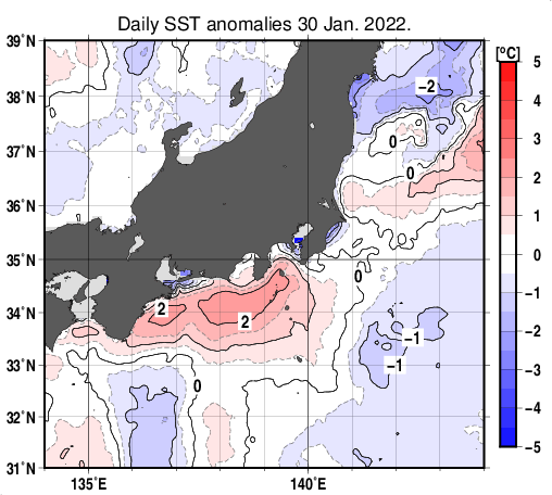 関東・東海・北陸周辺海域の海面水温平年差分布図（1月30日）