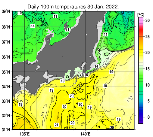 関東・東海・北陸周辺海域の深さ100mの水温分布図（1月30日）