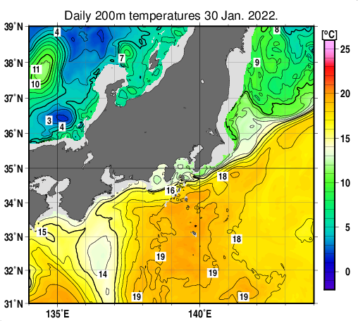 関東・東海・北陸周辺海域の深さ200mの水温分布図（1月30日）