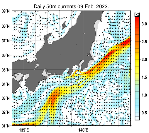 関東・東海・北陸周辺海域の深さ50mの海流分布図（2月9日）