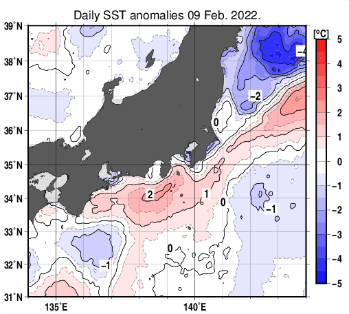 関東・東海・北陸周辺海域の海面水温平年差分布図（2月9日）