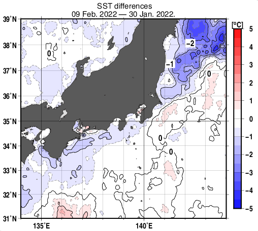 関東・東海・北陸周辺海域の10日間の海面水温変化量分布図（2月9日）