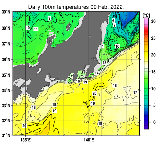 関東・東海・北陸周辺海域の深さ100mの水温分布図（2月9日）