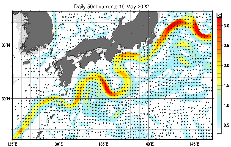 黒潮域の深さ50mの海流分布図（5月19日）
