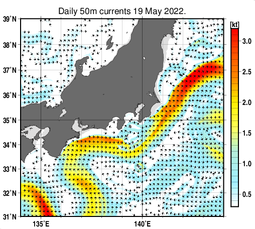 関東・東海・北陸周辺海域の深さ50mの海流分布図（5月19日）