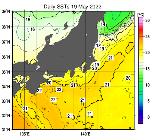 関東・東海・北陸周辺海域の海面水温分布図（5月19日）