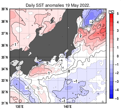 関東・東海・北陸周辺海域の海面水温平年差分布図（5月19日）