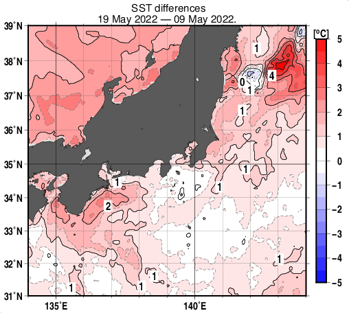 関東・東海・北陸周辺海域の10日間の海面水温変化量分布図（5月19日）