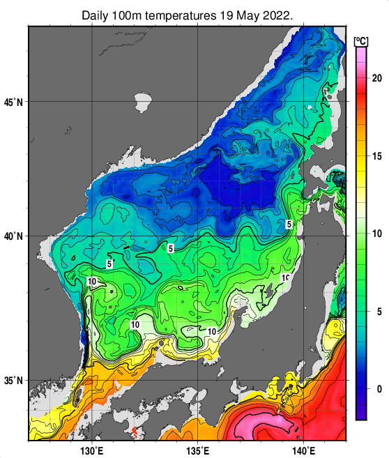 日本海の深さ100mの水温分布図（5月19日）