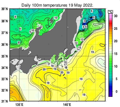 関東・東海・北陸周辺海域の深さ100mの水温分布図（5月19日）