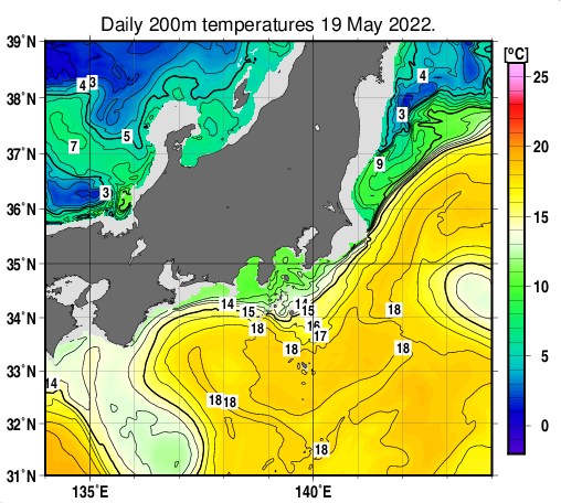 関東・東海・北陸周辺海域の深さ200mの水温分布図（5月19日）