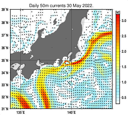 関東・東海・北陸周辺海域の深さ50mの海流分布図(5月30日)
