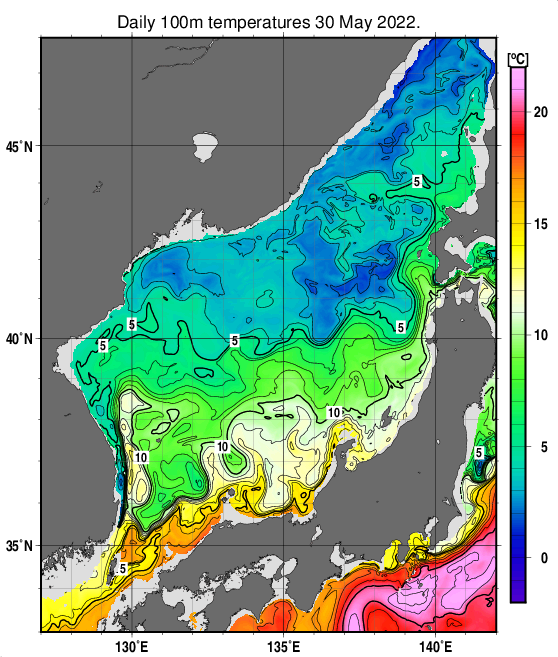 日本海の深さ100mの水温分布図（5月30日）