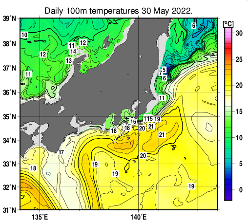 関東・東海・北陸周辺海域の深さ100mの水温分布図(5月30日)