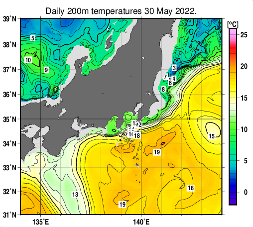 関東・東海・北陸周辺海域の深さ200mの水温分布図（5月30日）