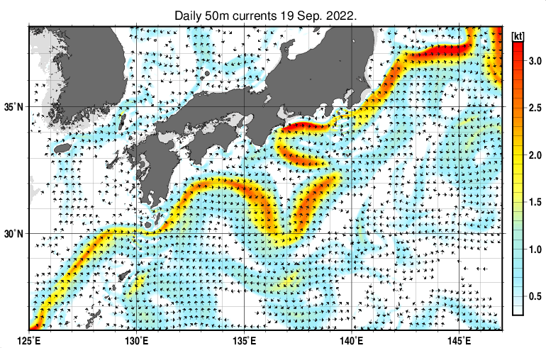 黒潮域の深さ50mの海流分布図（9月19日）