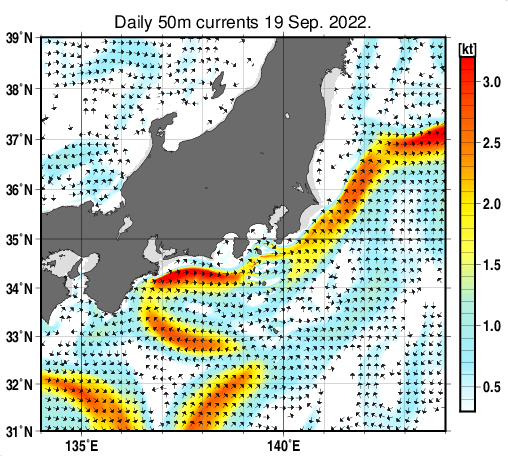関東・東海・北陸周辺海域の深さ50mの海流分布図(9月19日)