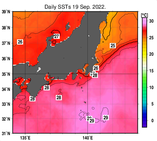 関東・東海・北陸周辺海域の海面水温分布図（9月19日）