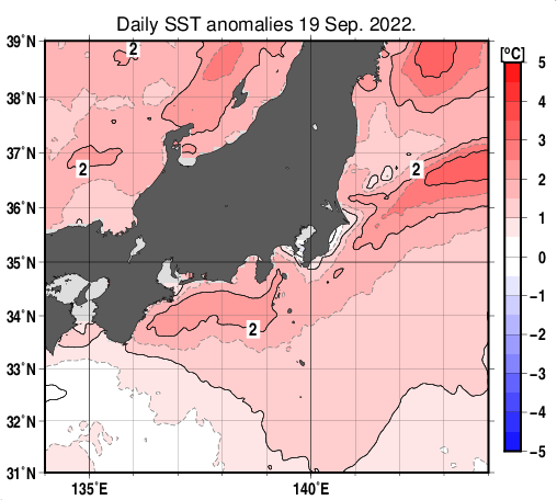 関東・東海・北陸周辺海域の海面水温平年差分布図(9月19日)