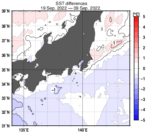 関東・東海・北陸周辺海域の10日間の海面水温変化量分布図（9月19日）