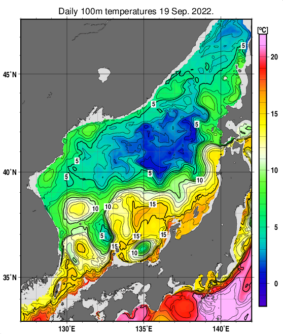 日本海の深さ100mの水温分布図（9月19日）