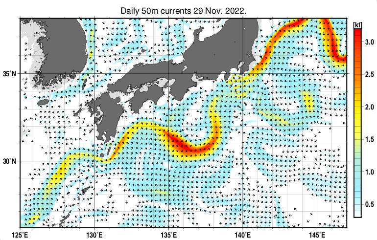 黒潮域の深さ50mの海流分布図（11月29日）