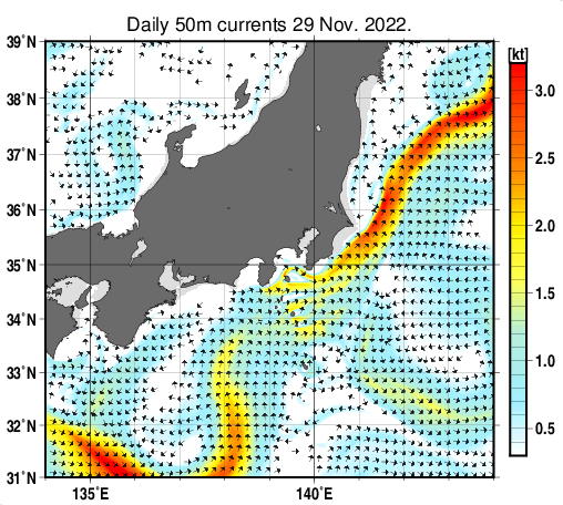 関東・東海・北陸周辺海域の深さ50mの海流分布図（11月29日）