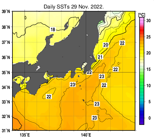 関東・東海・北陸周辺海域の海面水温分布図（11月29日）