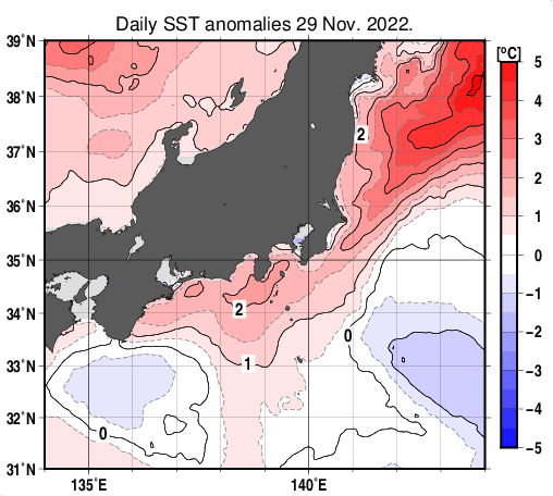 関東・東海・北陸周辺海域の海面水温平年差分布図（11月29日）