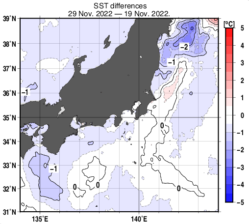 関東・東海・北陸周辺海域の10日間の海面水温変化量分布図（11月29日）