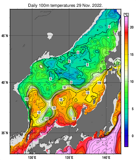 日本海の深さ100mの水温分布図（11月29日）