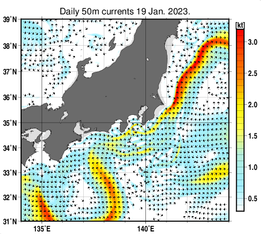 関東・東海・北陸周辺海域の深さ50mの海流分布図(1月19日)