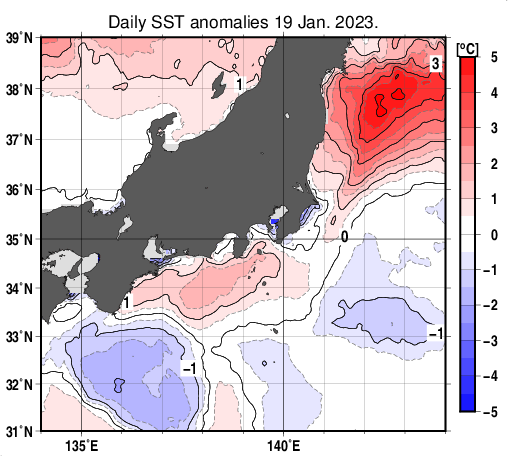 関東・東海・北陸周辺海域の海面水温平年差分布図(1月19日)